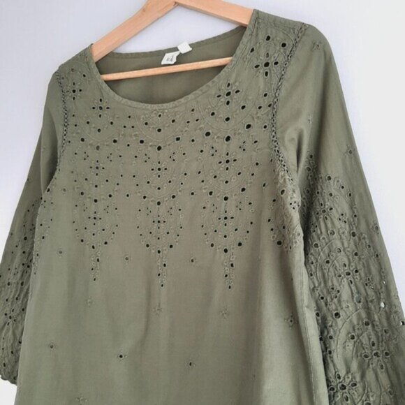 GAP | 100% Cotton Bell Sleeve Eyelet Boho Blouse Scoop Neck Top Green Sz S - Picture 4 of 13